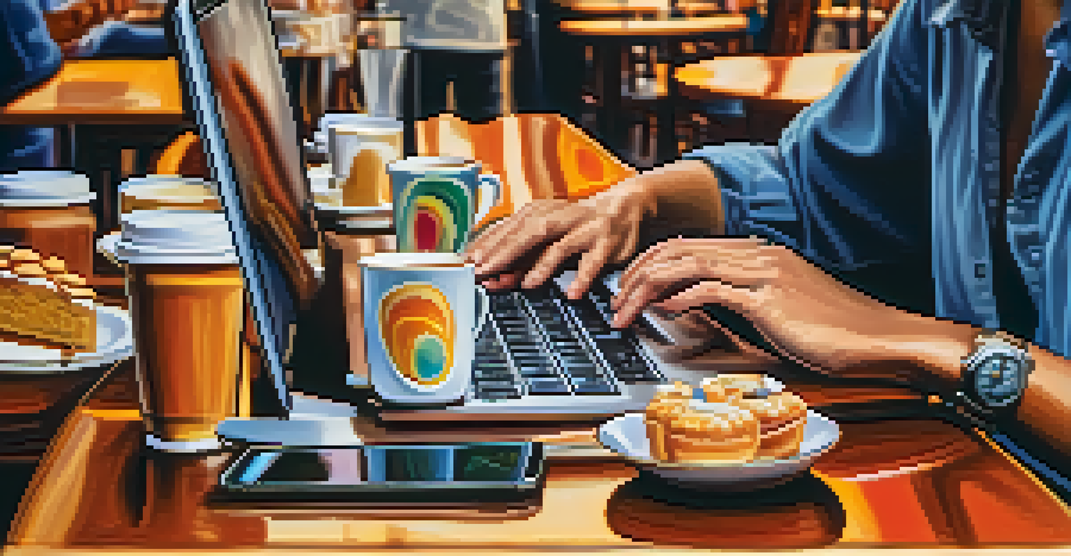 A close-up of hands typing on a laptop in a busy café, with coffee cups and pastries in the background.