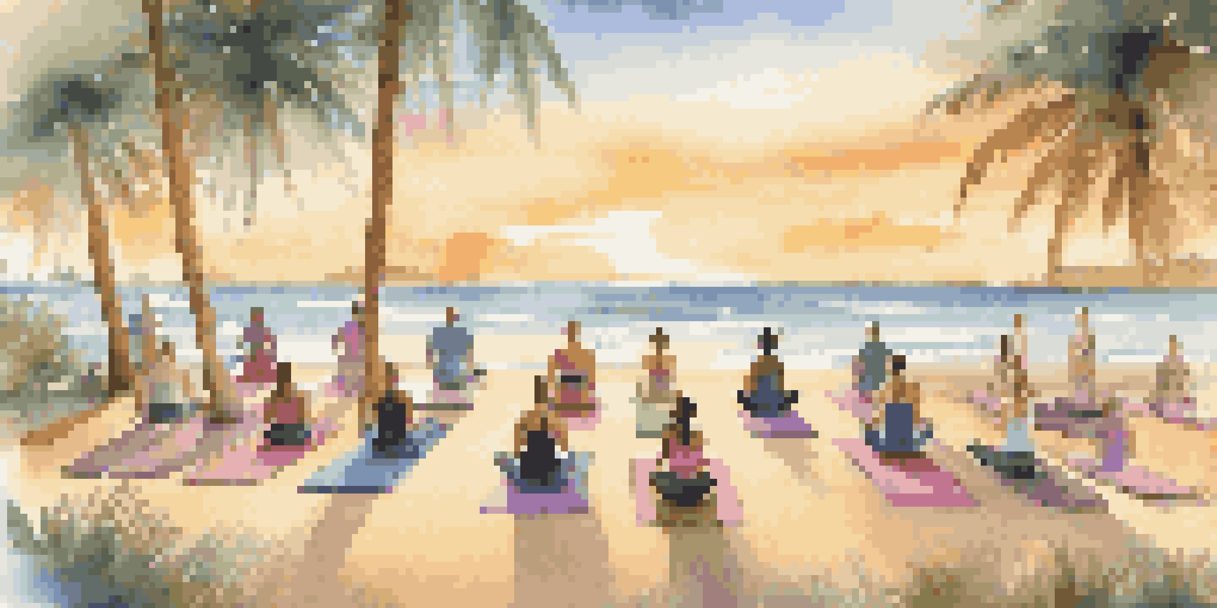 A group of people practicing yoga on a tropical beach at sunrise, surrounded by palm trees and the ocean.