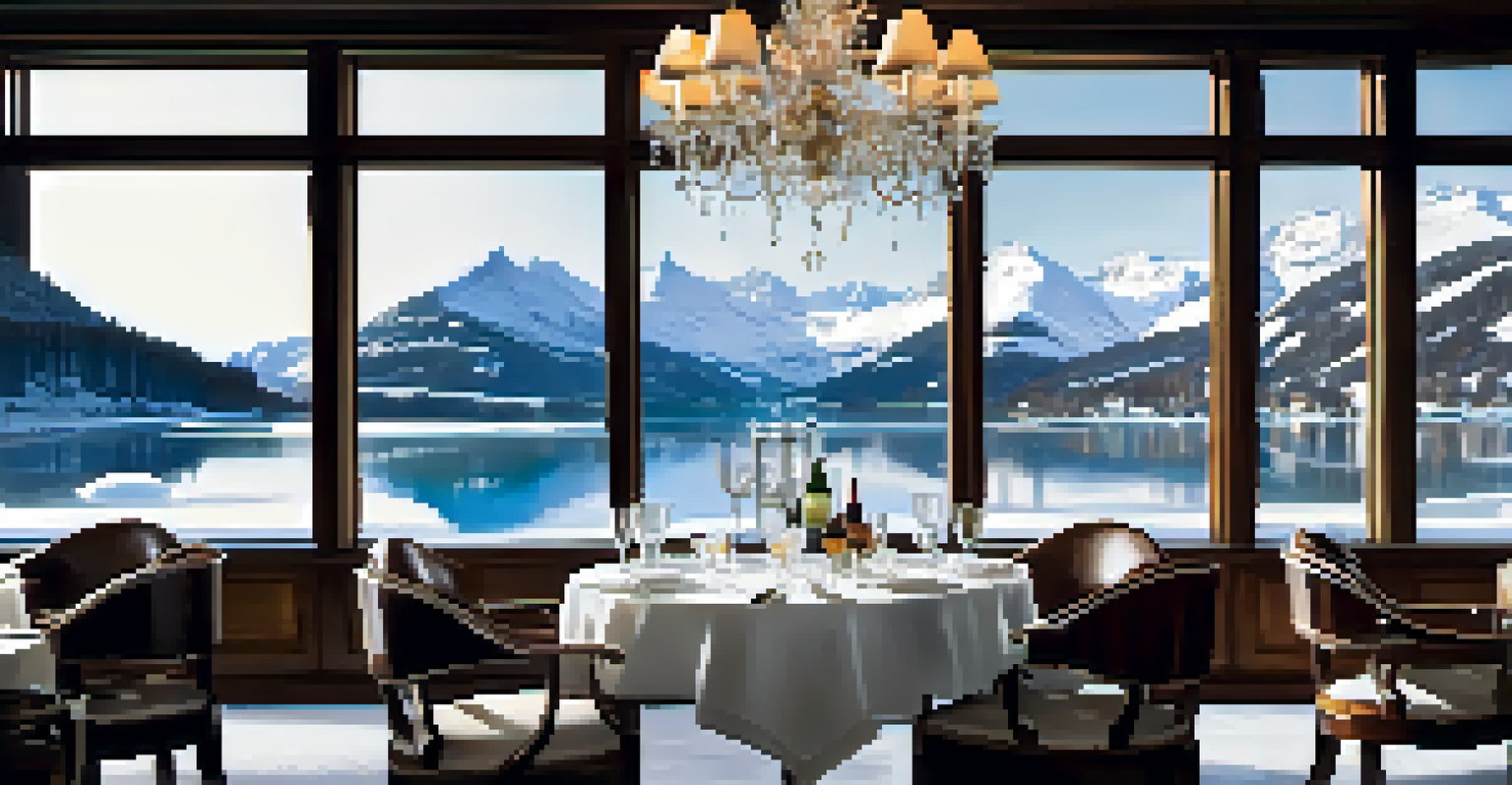 A luxurious restaurant table set with fine dining ware, overlooking snowy mountains and a frozen lake.