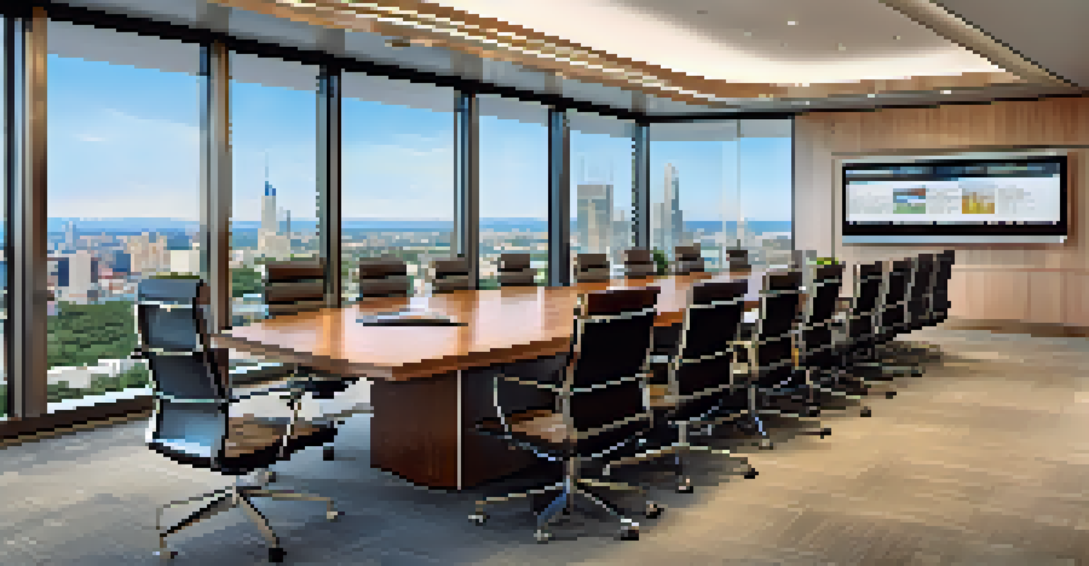 An upscale meeting room with a wooden conference table, leather chairs, contemporary artwork, and a city view through large windows.