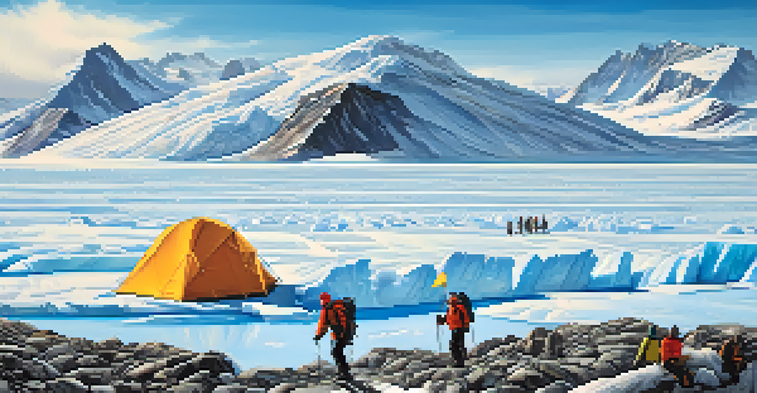 A group of travelers hiking on a glacier with a guide, surrounded by a vast snowy landscape and mountains under a clear blue sky.