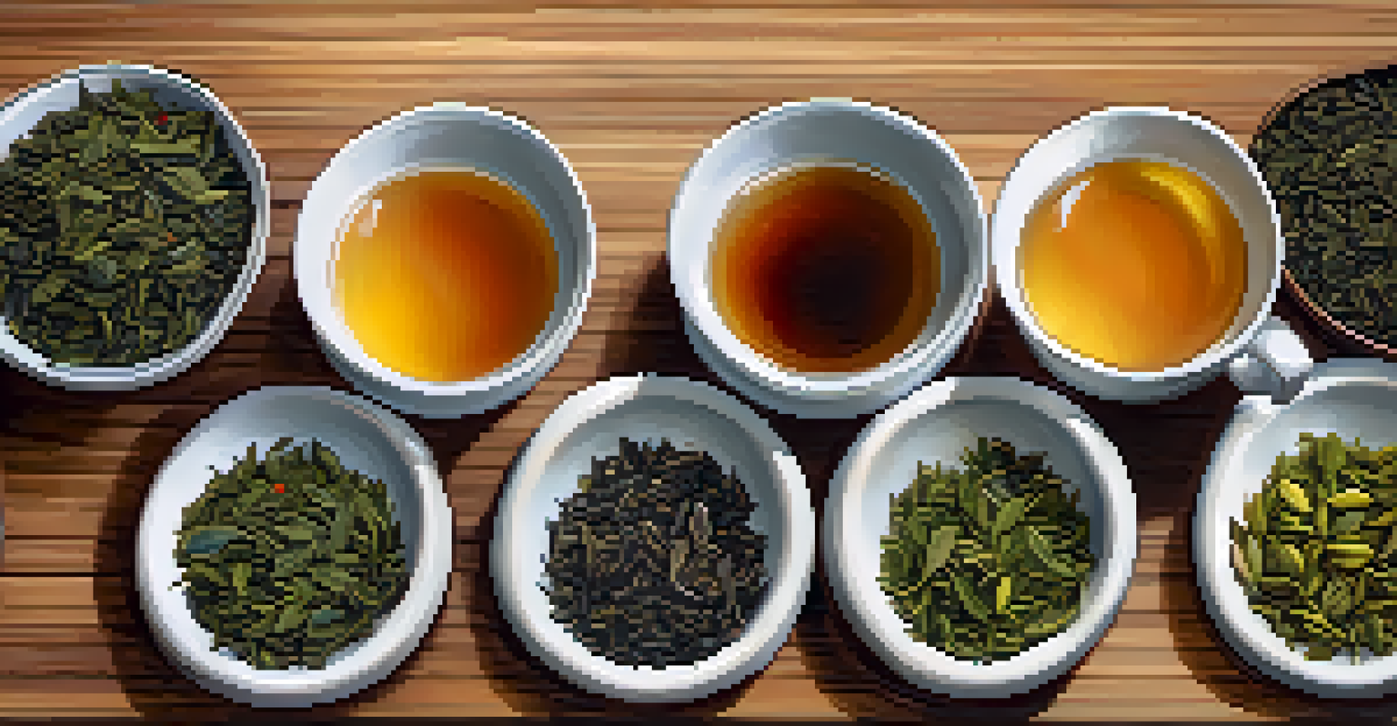 An arrangement of different tea leaves from various regions, displayed on a wooden surface with brewed tea cups, highlighting their colors.