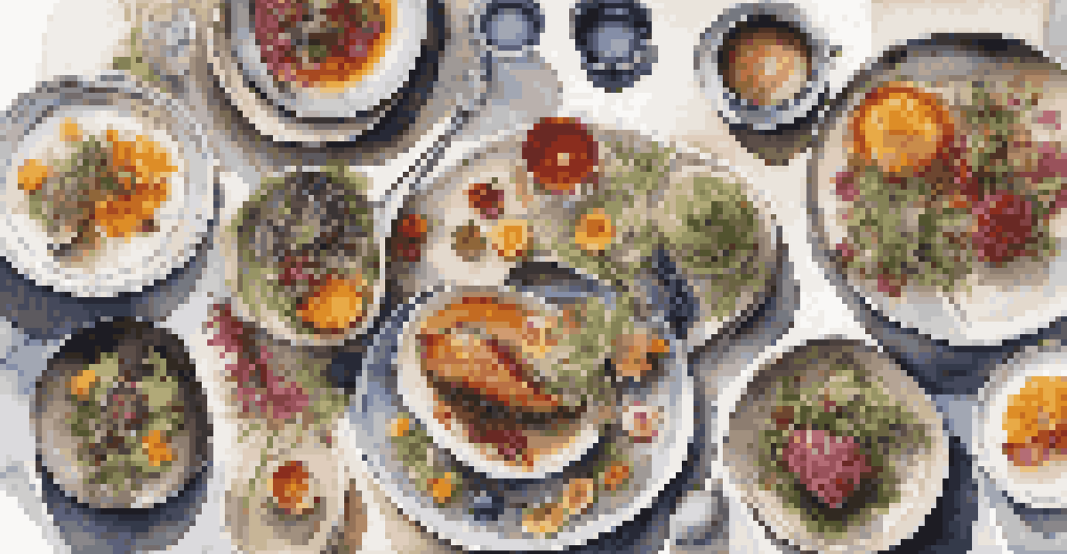 An artistic presentation of a multi-course meal with colorful seasonal ingredients and garnishes.