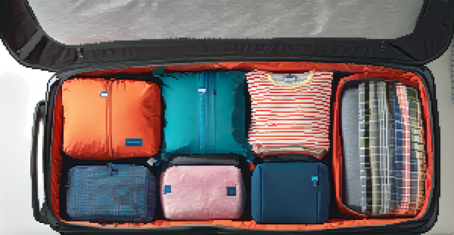 Colorful packing cubes of different sizes arranged in an open suitcase on a plush hotel bed.