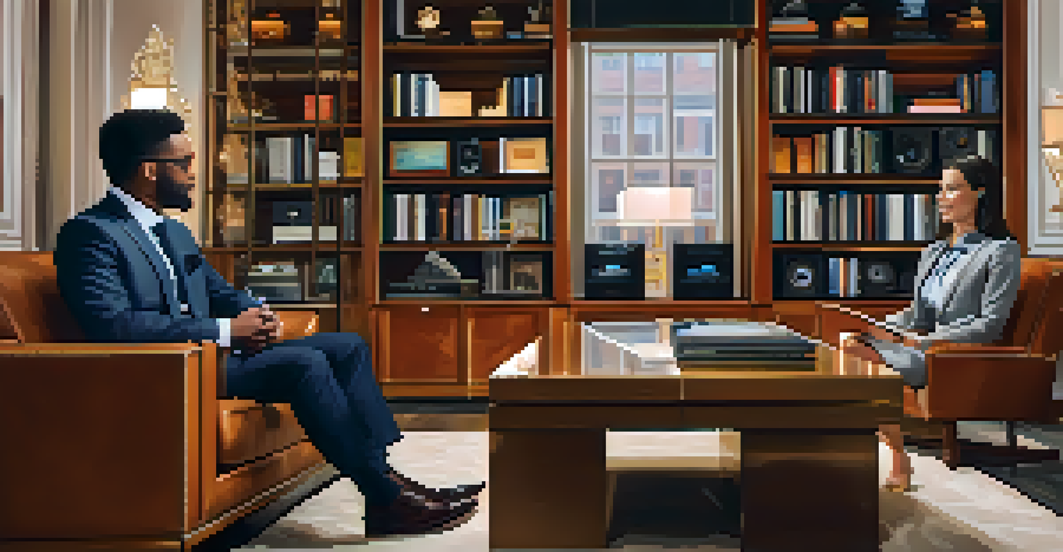 A podcast interview scene with a host and a luxury brand CEO, focusing on their engaging expressions.