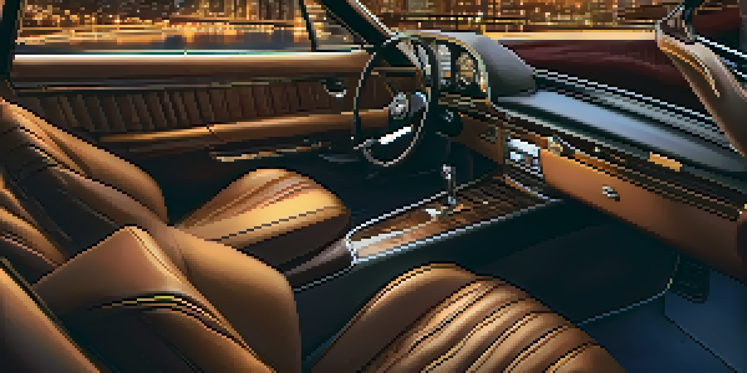 A close-up of a luxurious car interior featuring leather seats, wood dashboard accents, and ambient lighting with city lights in the background.