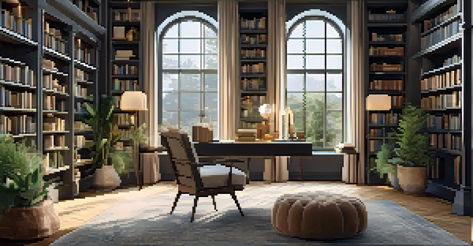 A multi-functional luxury library with a writing desk, crafting corner, and comfortable armchair, featuring natural light and calming decor.