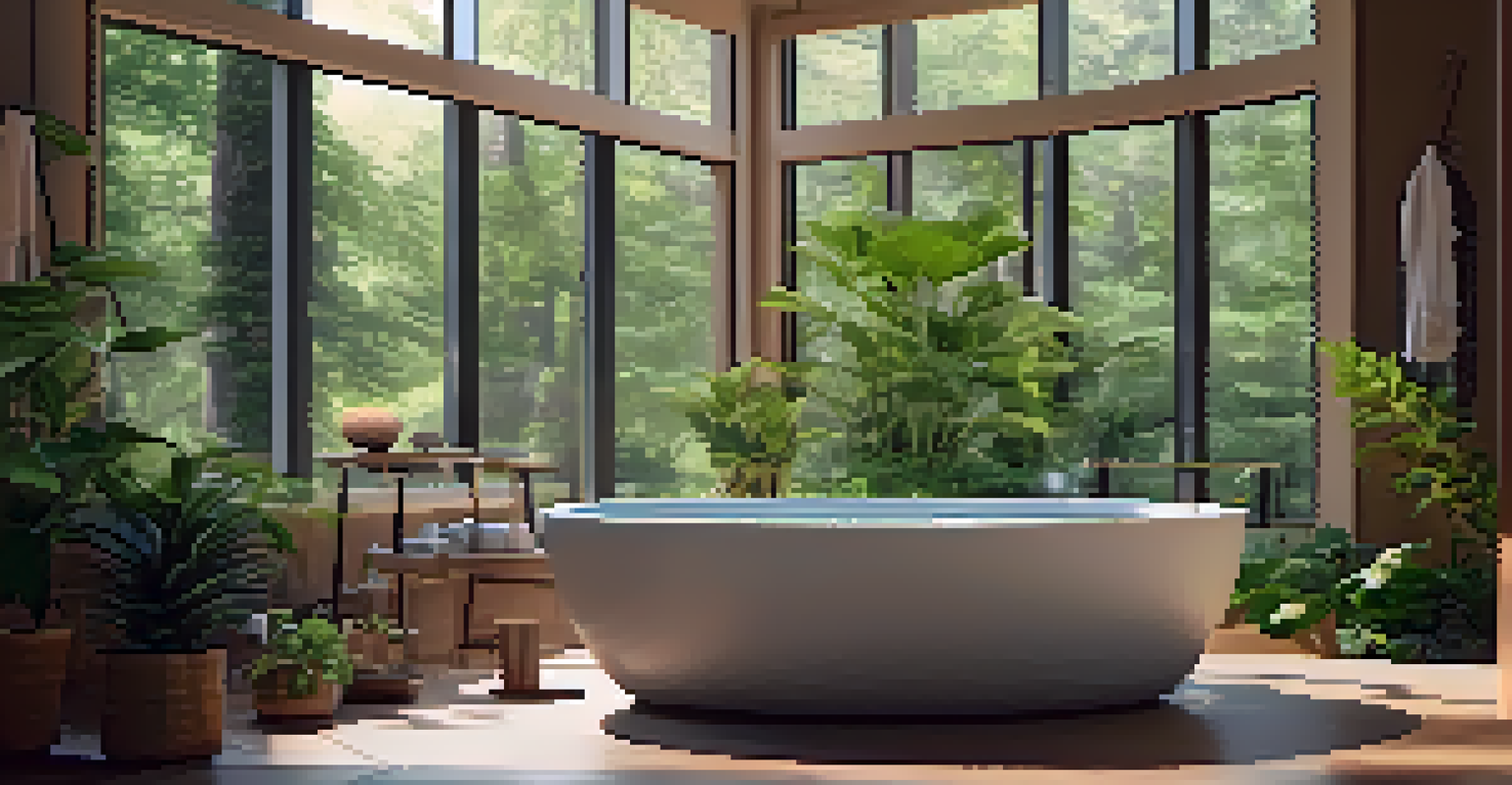 A cozy bathroom corner with a speaker playing nature sounds, featuring plants and a bubbling hot tub.
