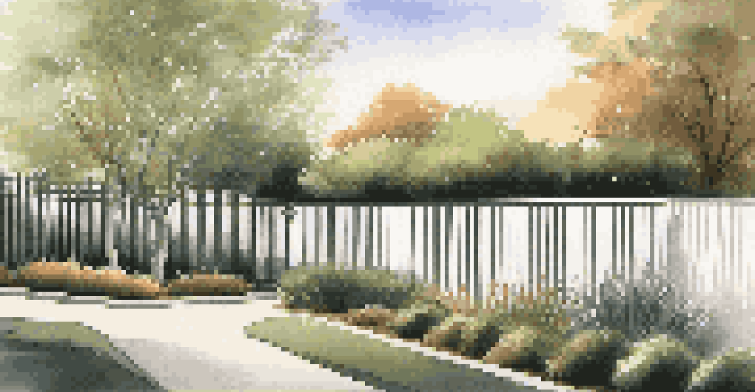 A stylish modern garden with a sleek aluminum fence and well-maintained landscaping under soft evening light.