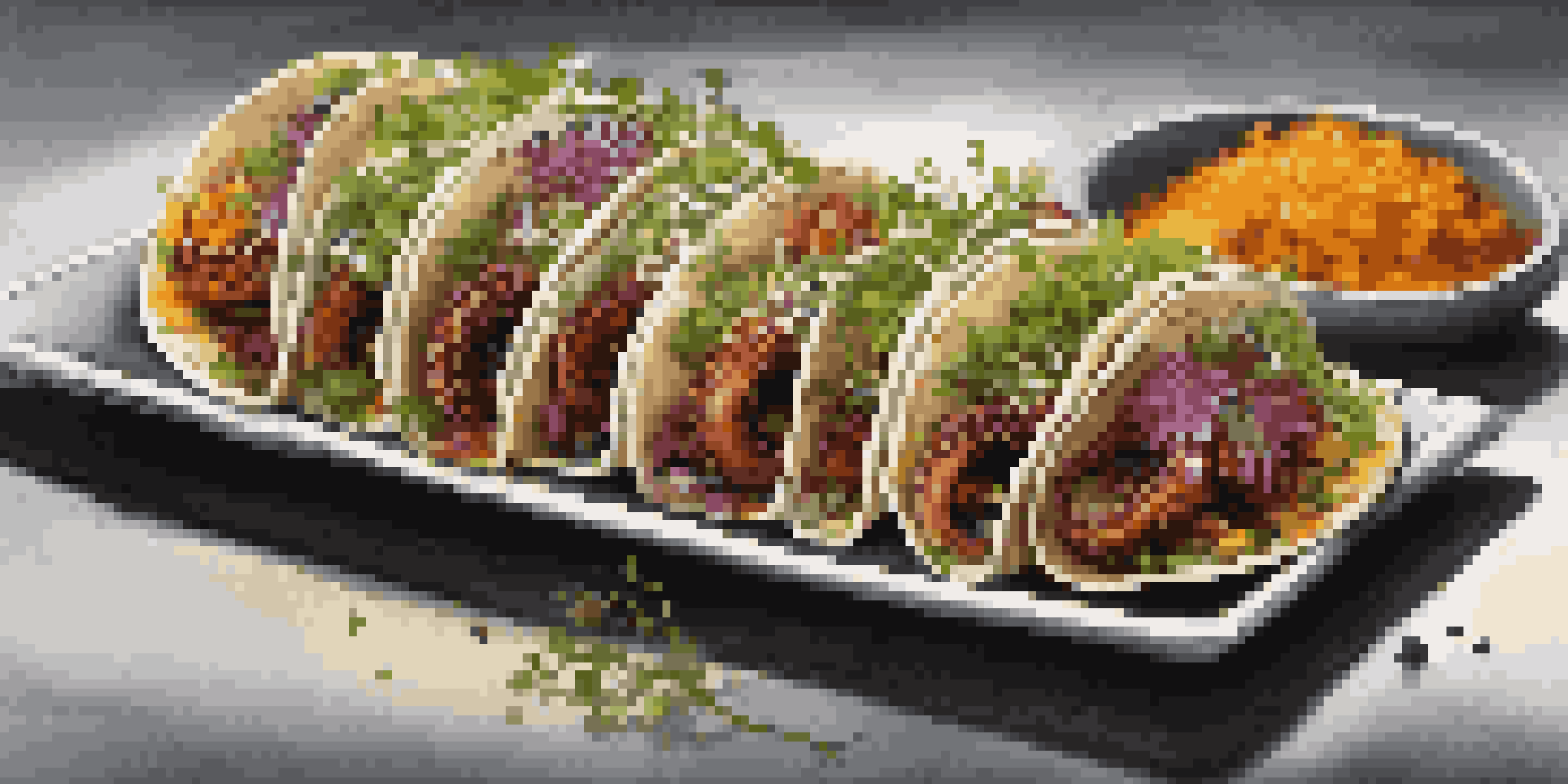 A gourmet taco with grilled octopus, microgreens, and cilantro-lime crema on a slate platter, accompanied by fresh vegetables.