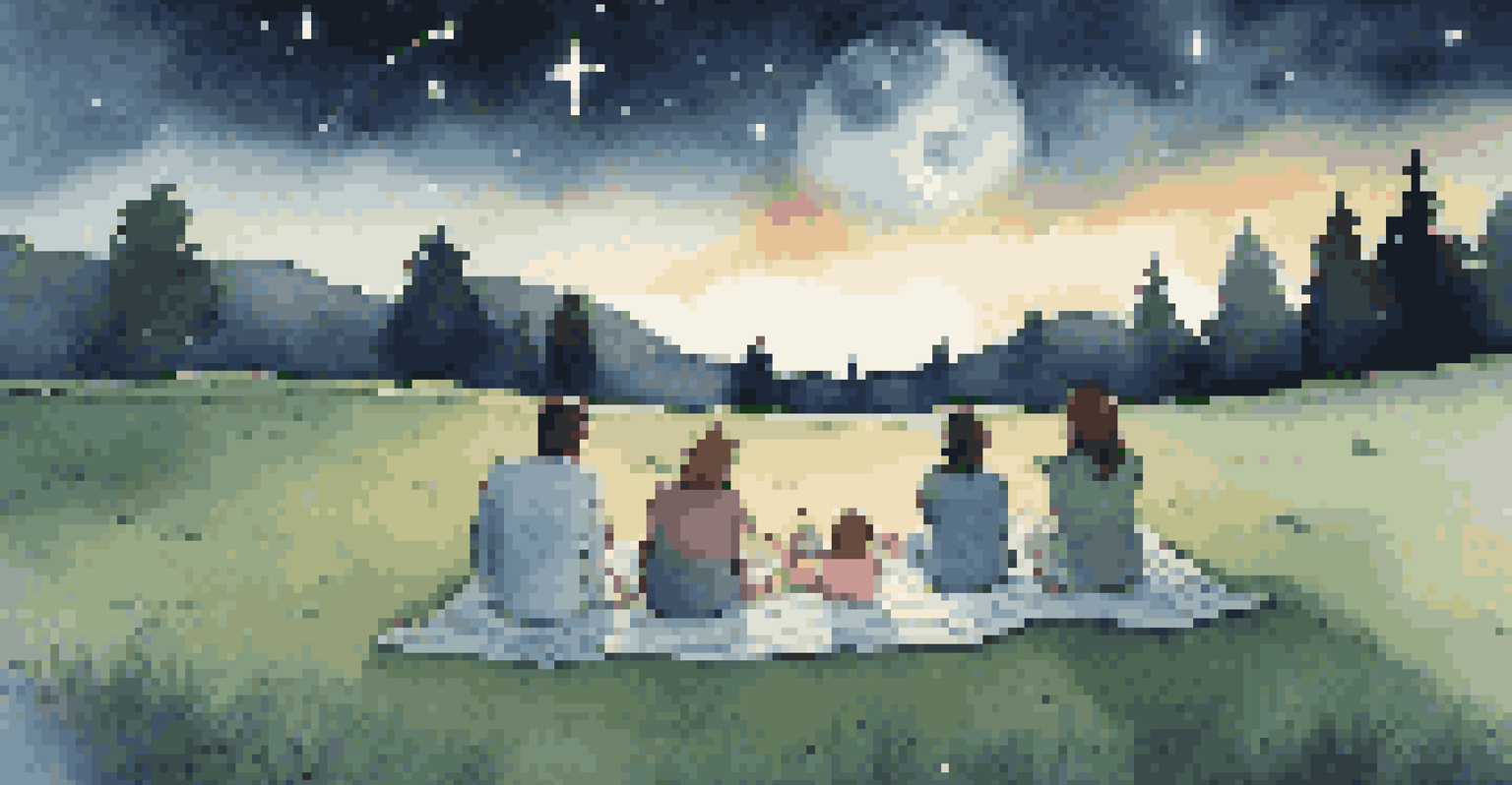 A family lying on a blanket under a starry sky, using a tablet to identify constellations.