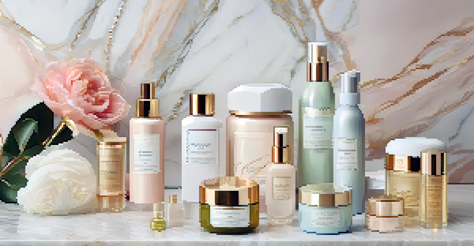 A flat lay of luxury skincare products arranged on a marble surface with flowers and soft lighting.