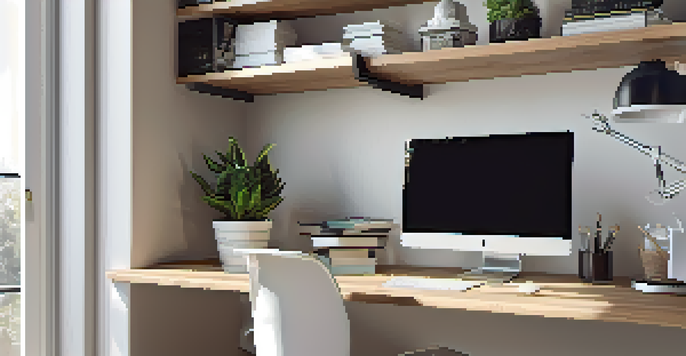 A modern home office with a tidy desk, storage solutions, and shelves displaying books and decor, illuminated by natural light.