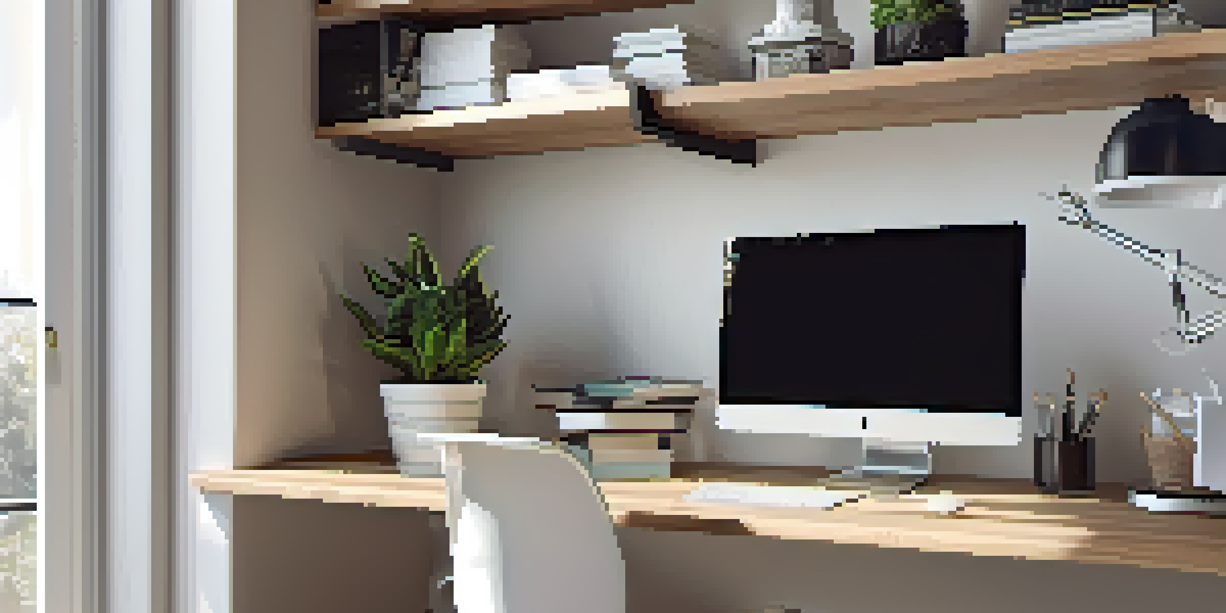 A modern home office with a tidy desk, storage solutions, and shelves displaying books and decor, illuminated by natural light.