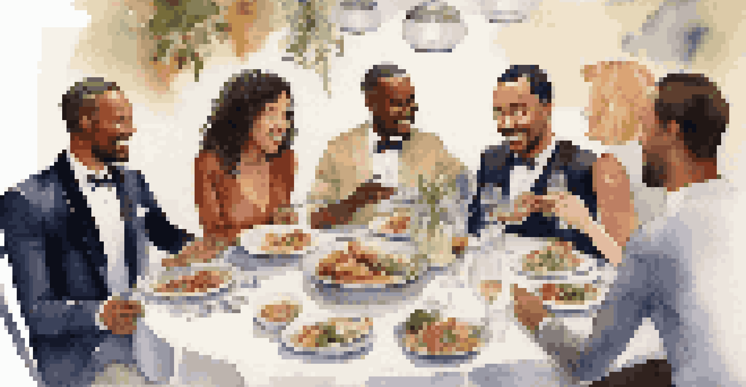 A diverse group of friends enjoying a mystery dining experience with beautifully plated dishes and engaged conversation.