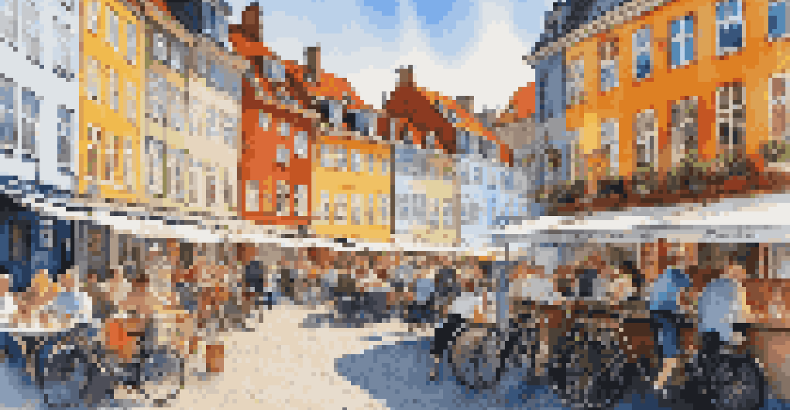 A lively scene in Copenhagen's Nyhavn with colorful buildings and outdoor cafes.