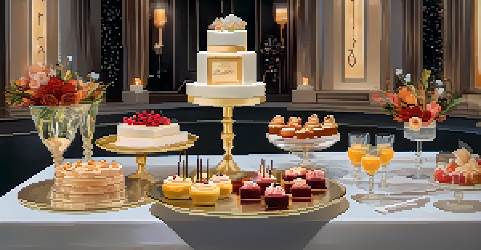 A dessert table at a luxury event with exquisite pastries and a cocktail, surrounded by candles and soft jazz music notes.