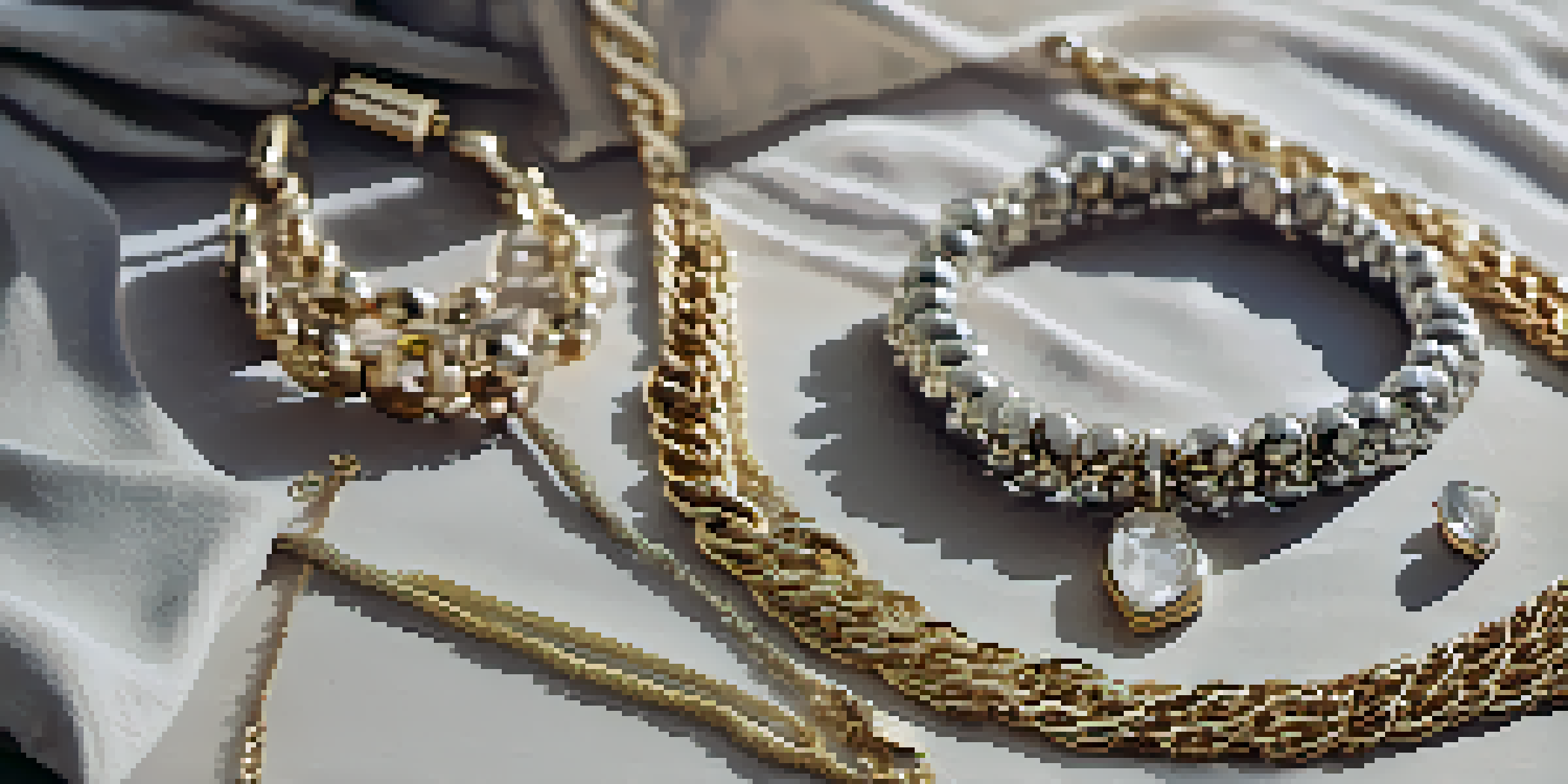 A flat lay image showing various layered jewelry pieces on a soft fabric, including gold and silver necklaces and beaded bracelets.
