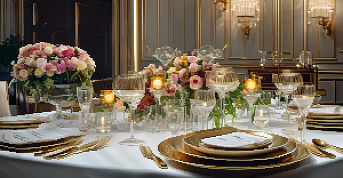 A beautifully arranged dining table with elegant tableware and flowers, softly lit to create a luxurious atmosphere.