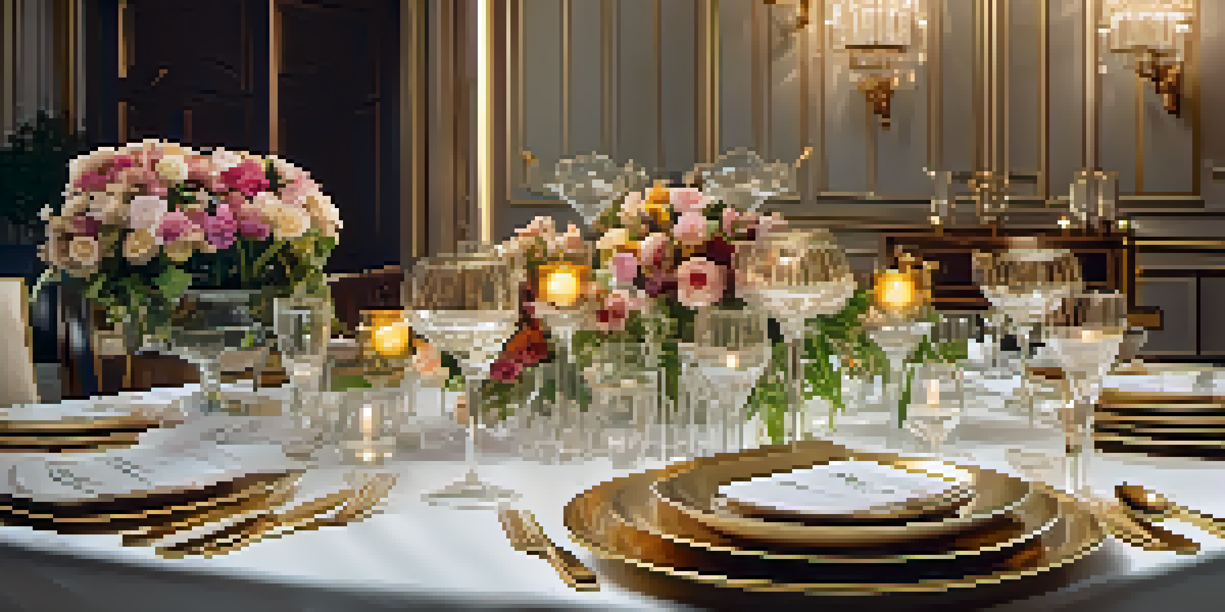 A beautifully arranged dining table with elegant tableware and flowers, softly lit to create a luxurious atmosphere.