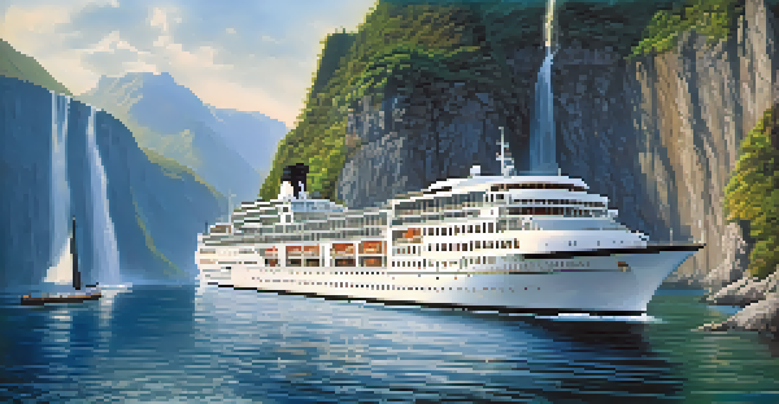 A small luxury cruise ship in a fjord with cliffs and waterfalls, illuminated by soft deck lighting.