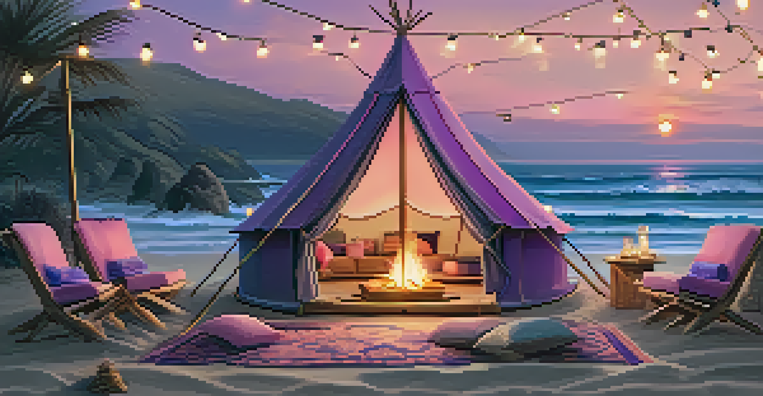 A luxurious glamping tent on a beach at twilight, decorated with fairy lights and a campfire nearby, with a colorful sunset in the sky.