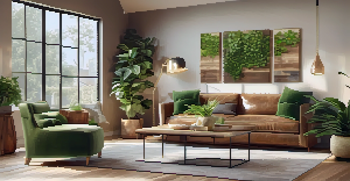 A stylish living room with reclaimed wood furniture, indoor plants, and warm lighting, emphasizing sustainable luxury decor.