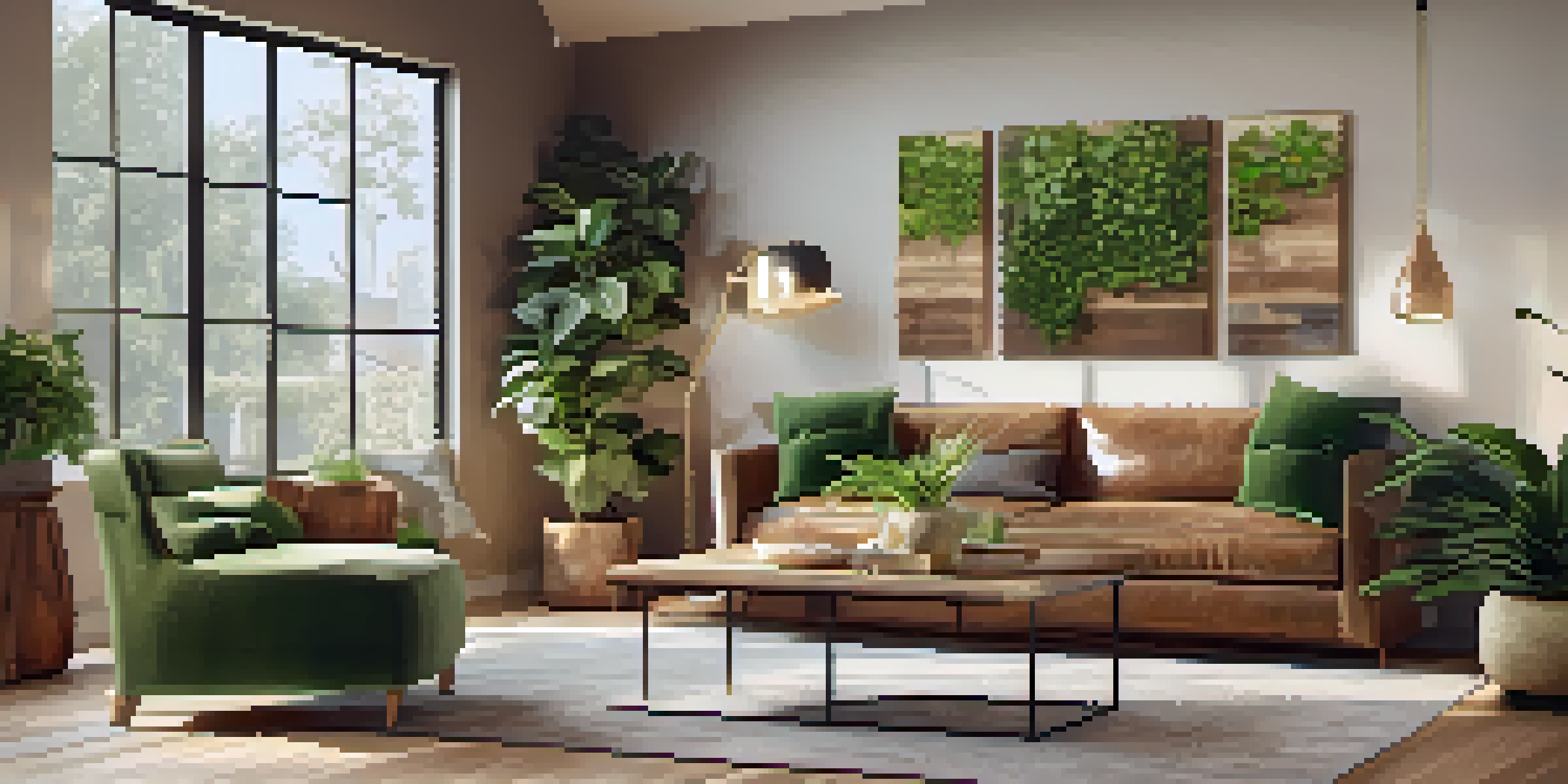 A stylish living room with reclaimed wood furniture, indoor plants, and warm lighting, emphasizing sustainable luxury decor.
