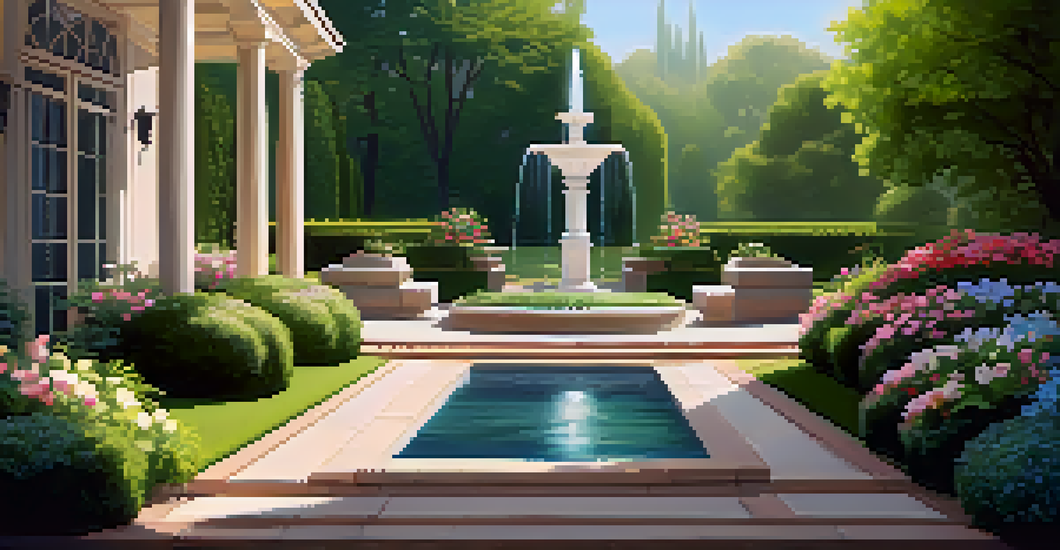 A private garden with manicured hedges, flowers, and a fountain, bathed in soft morning light.