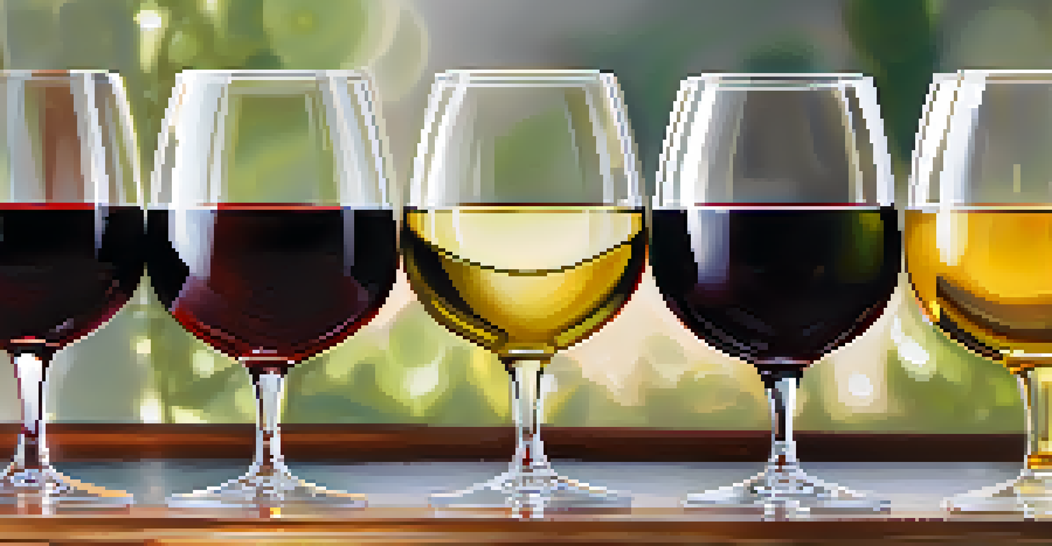Close-up of different wine glasses filled with red and white wines on a polished wooden surface, illuminated by soft natural light.