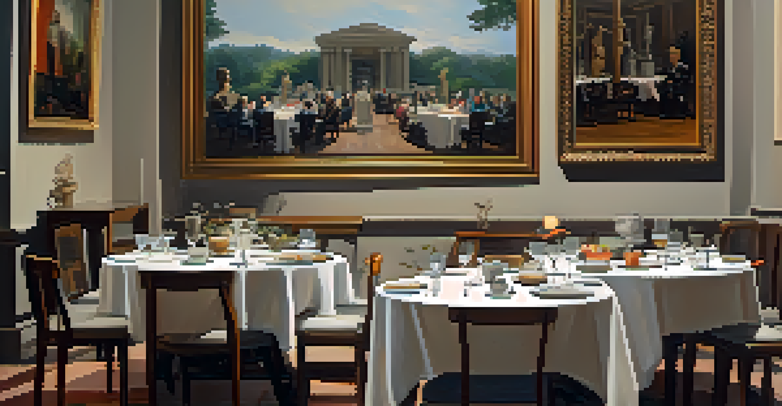 A dining setup in a museum, with tables surrounded by sculptures and art, featuring guests enjoying their meals and conversations.