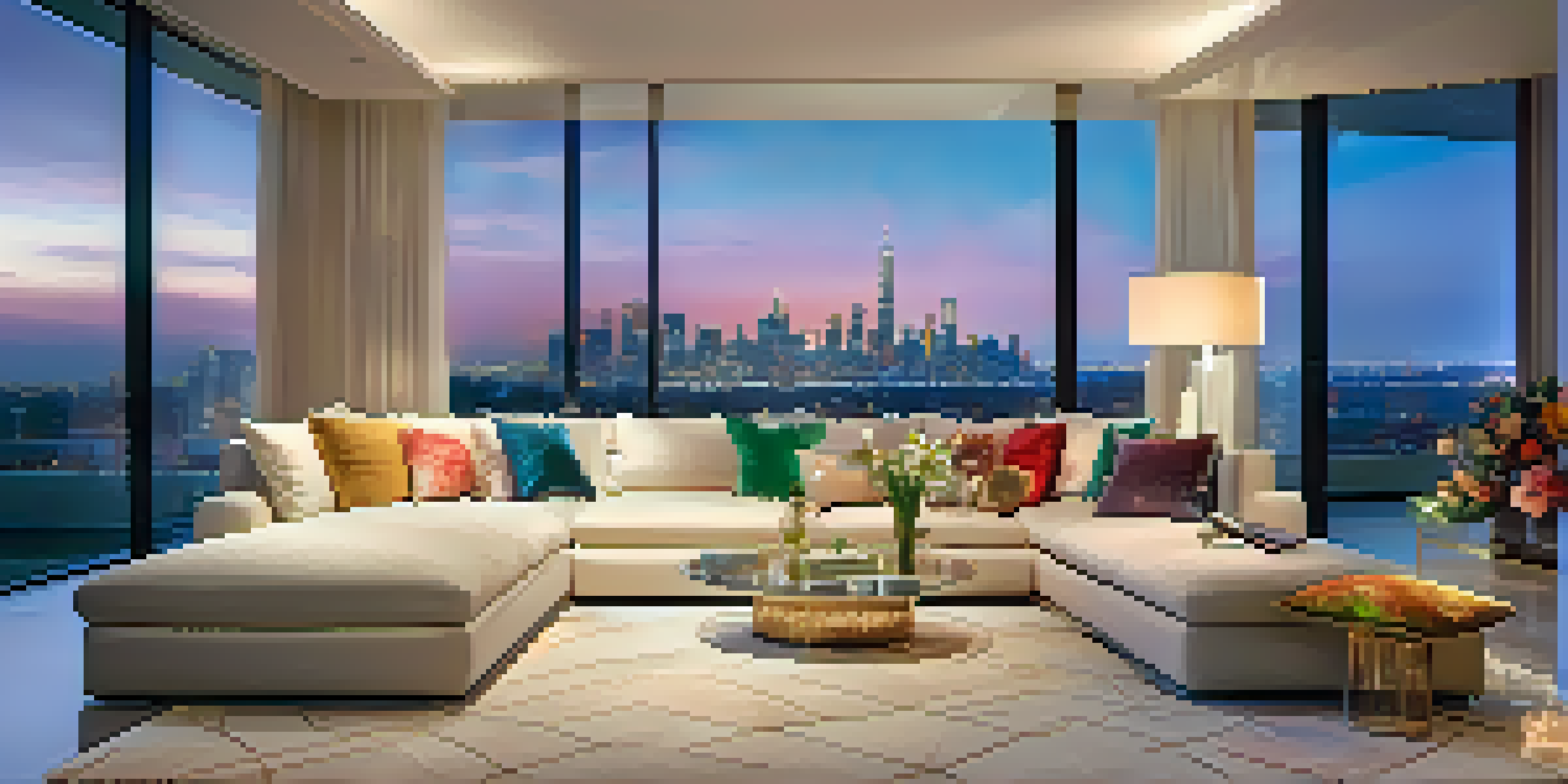 A modern luxurious living room with large windows overlooking a city skyline during sunset, featuring a white sofa, colorful pillows, and ambient lighting.