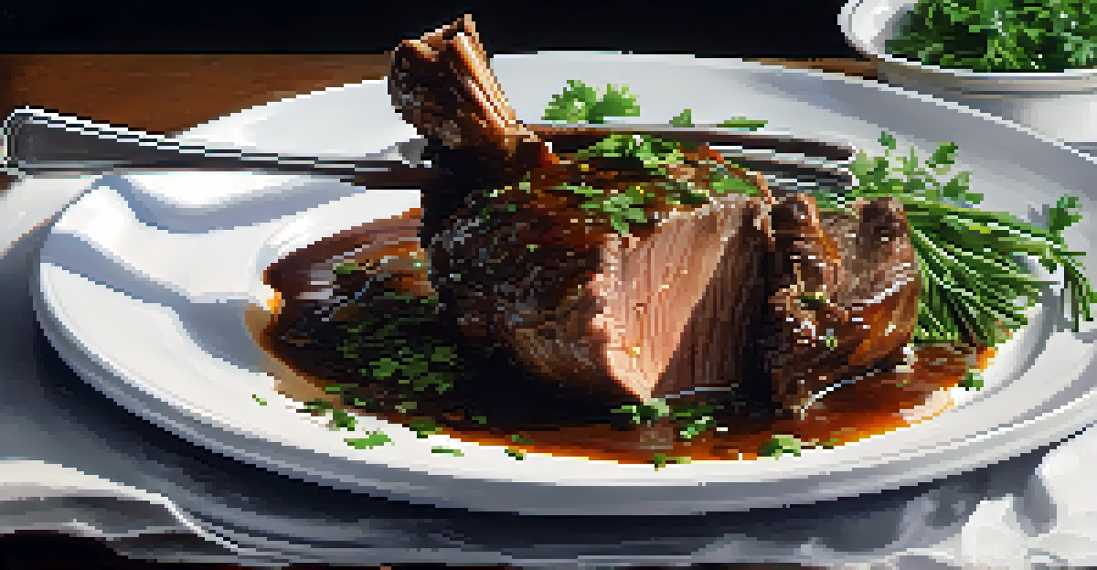 A close-up of a fork pulling apart a tender braised lamb shank on a white plate, garnished with herbs and rich sauce.
