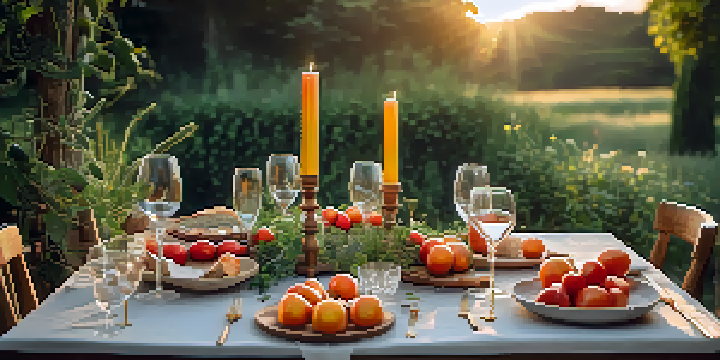 An outdoor fine dining table set with fresh local ingredients, including heirloom tomatoes and herbs, in warm golden hour lighting.