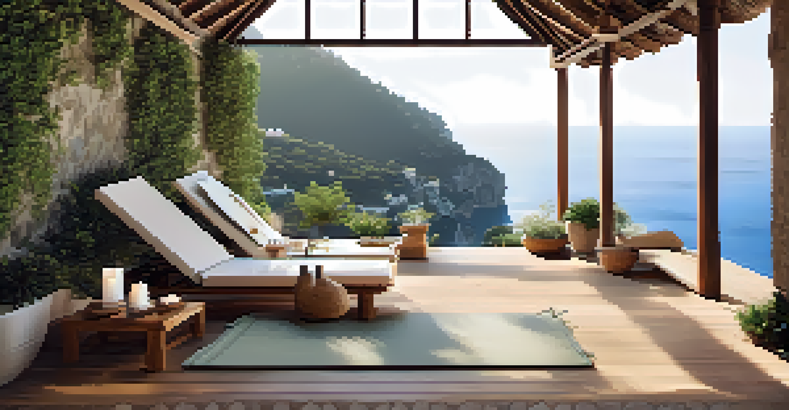 A peaceful wellness retreat featuring a spa area with yoga mats and beautiful coastal views in a serene setting.