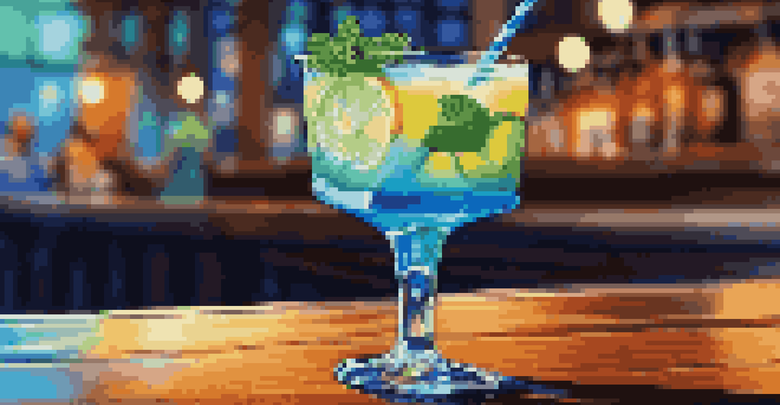 A close-up view of a garnished blue cocktail with mint and lemon on a table at a festive event.