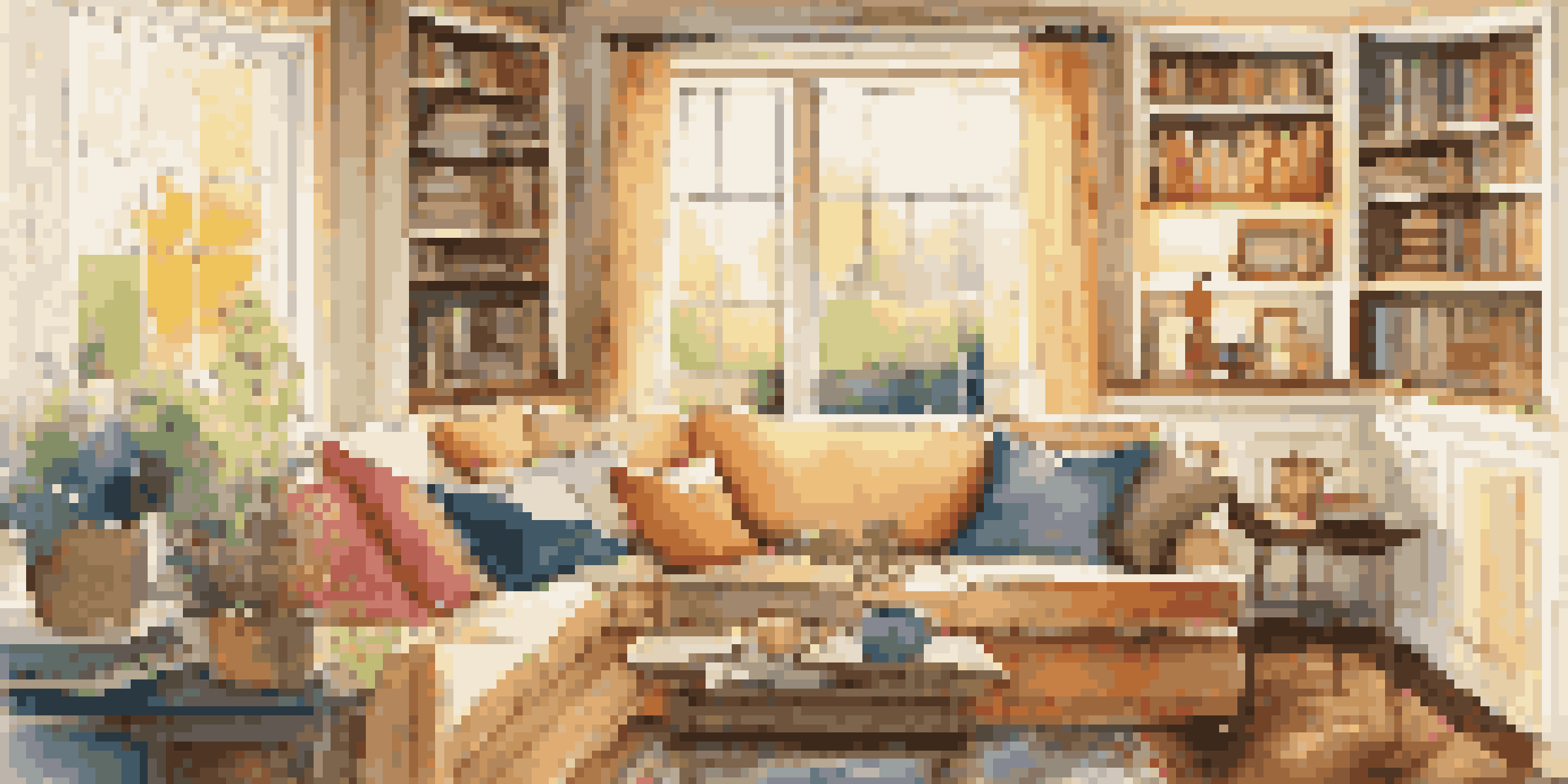 A cozy family room with a vibrant landscape painting on the wall, warm lighting, and a sofa with cushions.