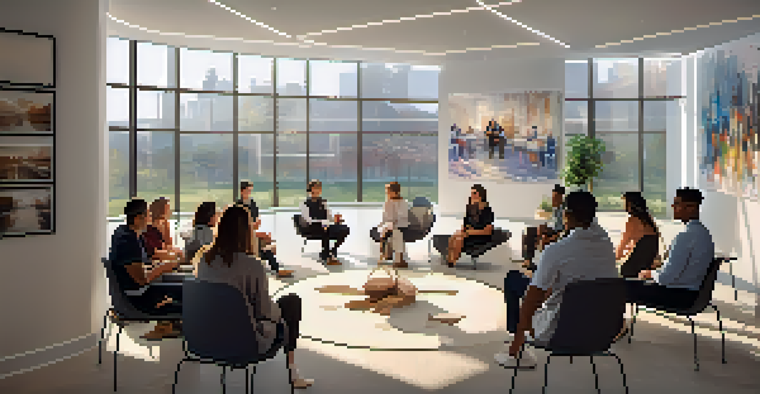 A group of people in a circle sharing experiences during a workshop in a stylish, well-lit room.