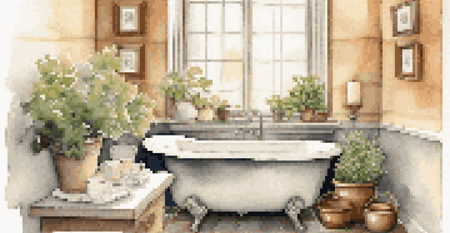 A comforting bathroom corner with a fluffy robe, neatly arranged towels, a tray of herbal tea, and potted plants, promoting relaxation and luxury.