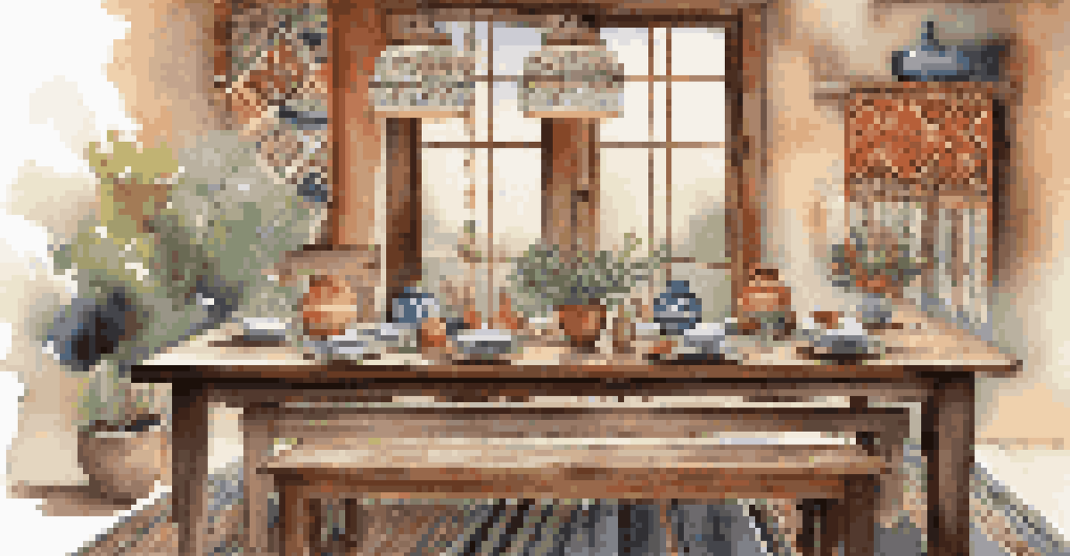 A dining area with a reclaimed wooden table, ethnic textiles, and artisan pottery, enhanced by soft ambient lighting.