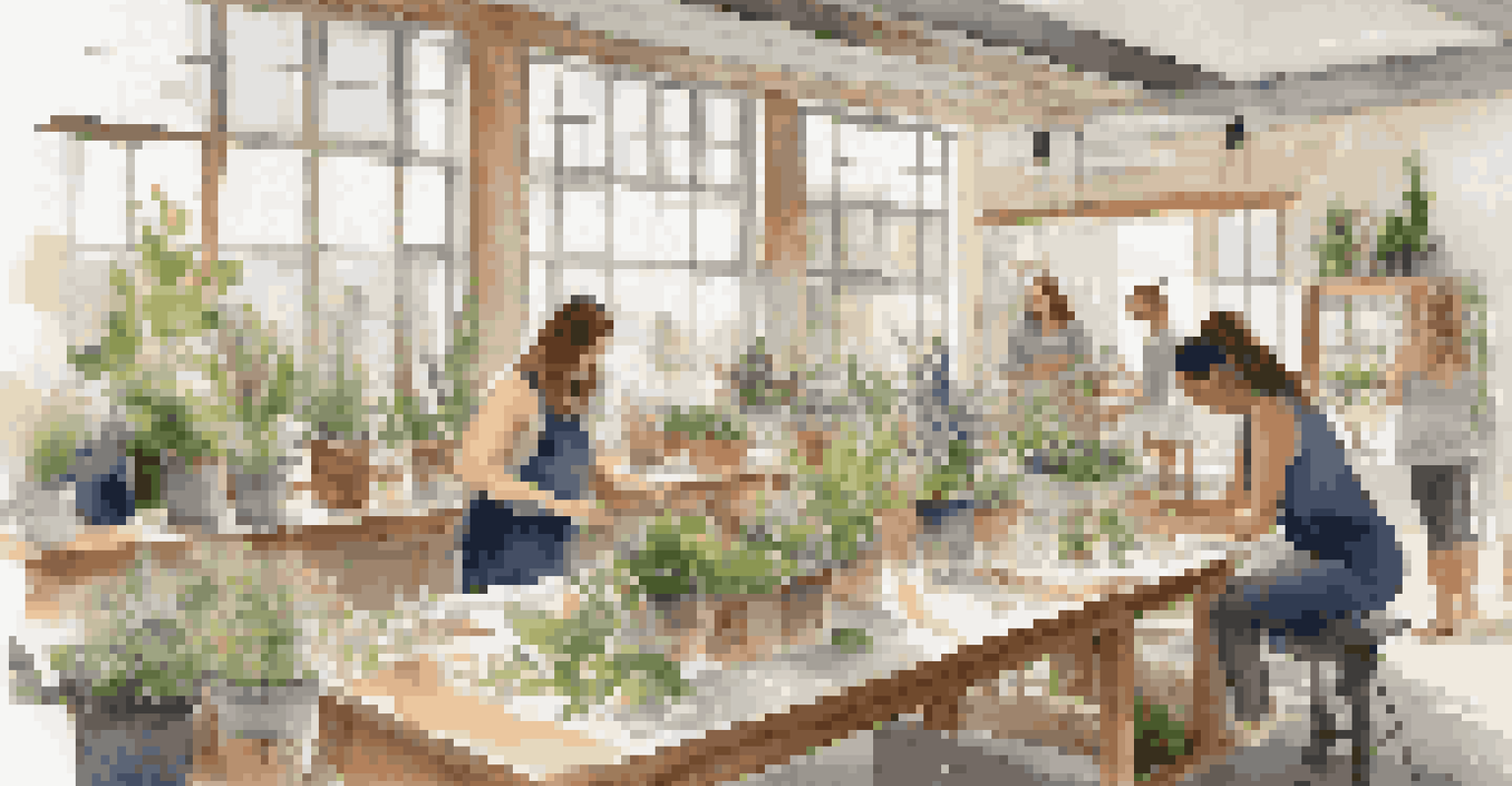 A workshop where guests create centerpieces from recycled materials, filled with natural light and greenery.