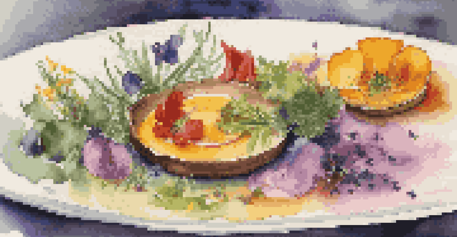 A close-up of an artistically plated dish with fresh herbs and edible flowers, set in a culinary competition atmosphere.