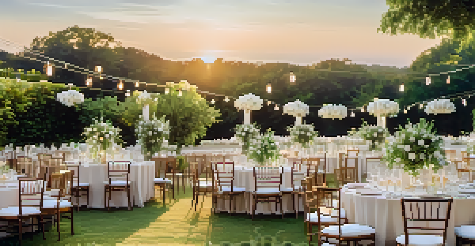 An outdoor event setting with elegantly set tables, personalized name cards, and floral centerpieces, bathed in warm sunlight.