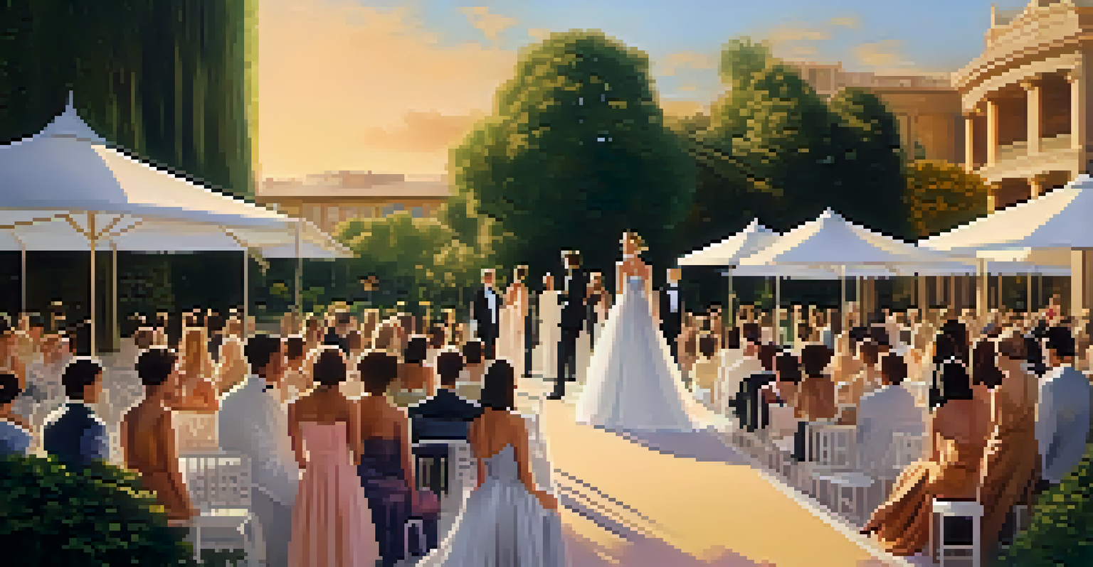 Aerial view of an outdoor fashion show in a historic location with guests seated and golden sunset light.