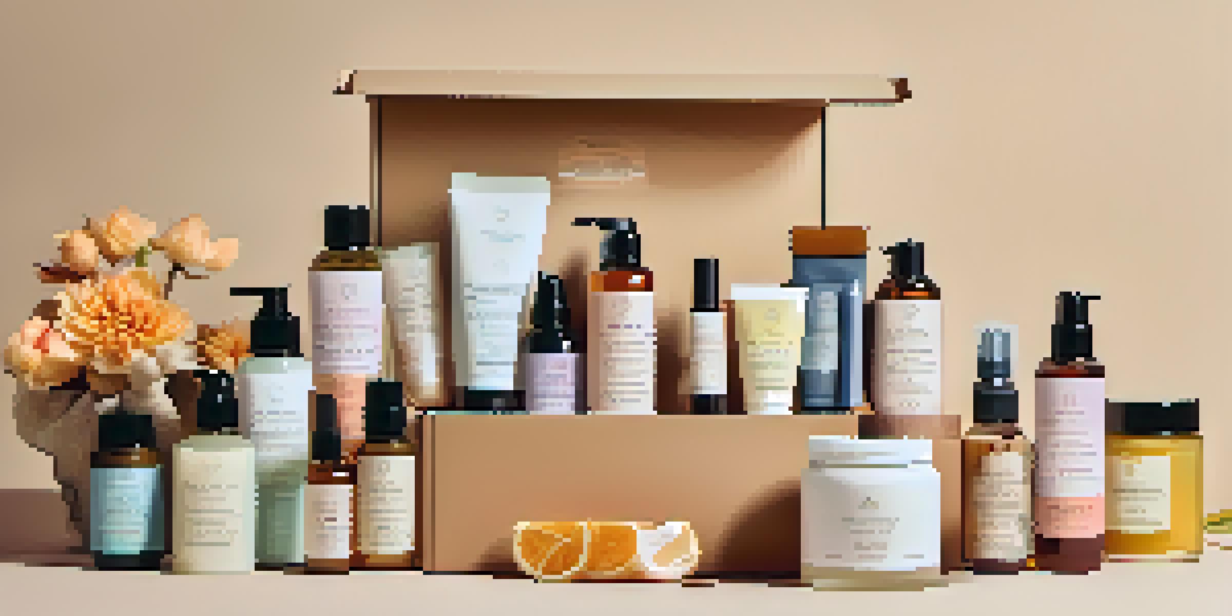 An open personal care subscription box filled with various skincare and wellness products, arranged beautifully with colorful bottles and creams.