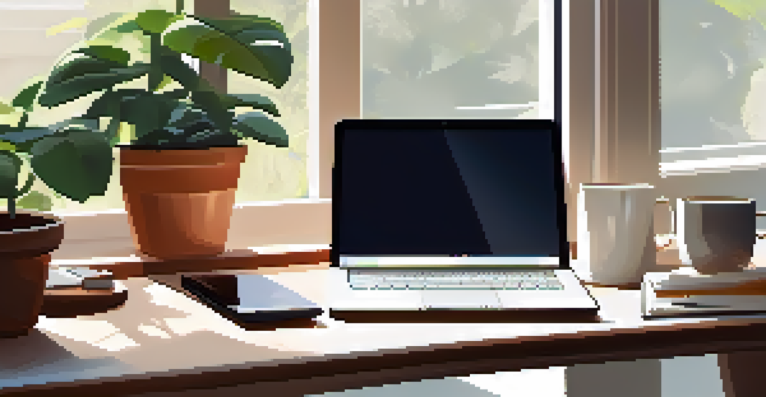 A clean workspace with a laptop open to a follow-up email, a notepad, coffee cup, and a small plant, illuminated by natural light.
