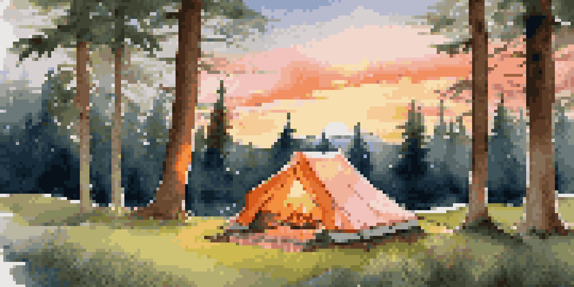 A luxury camping tent at sunset, set on a green meadow surrounded by trees, with a cozy interior and a small campfire nearby.