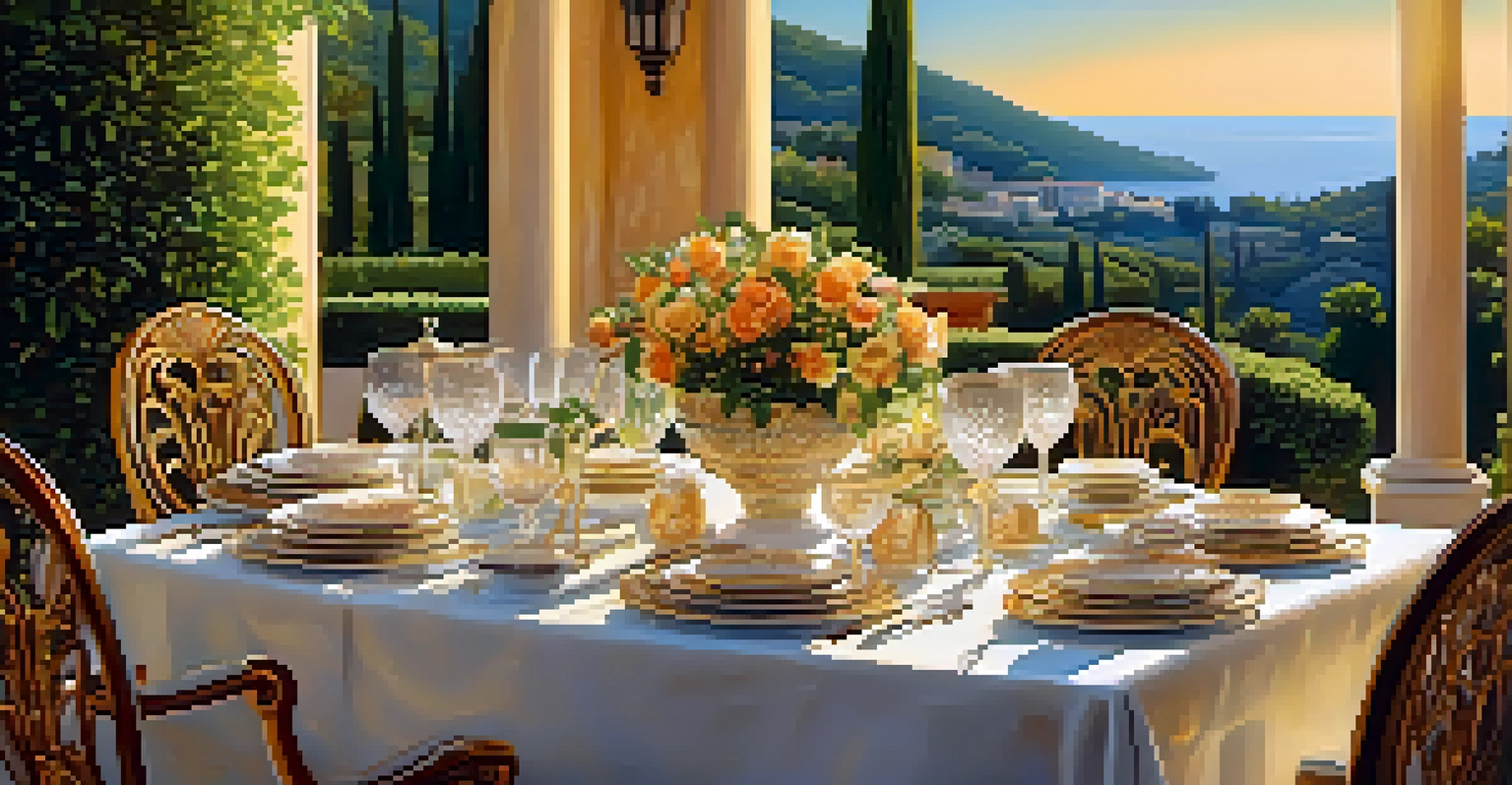 A beautifully set dining table in a Mediterranean villa at sunset, featuring fine china and fresh flowers.