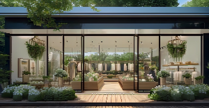 A luxury boutique surrounded by greenery and flowers, showcasing sustainable fashion items through large glass windows, with sunlight filtering through the trees.