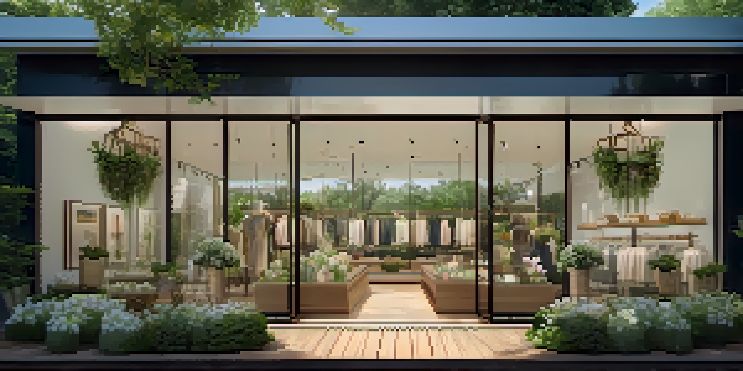 A luxury boutique surrounded by greenery and flowers, showcasing sustainable fashion items through large glass windows, with sunlight filtering through the trees.